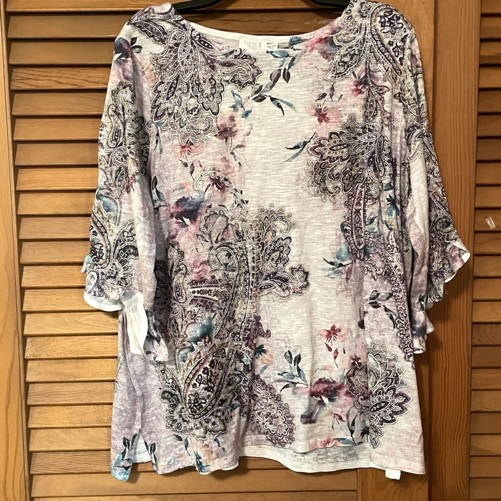 Vintage TIME & TRU Blouse Shirt Womens Bohemian Purple Paisley 20 XXL 3/4 Sleeve Flared Studded Lightweight Regular Large Size 3XL / US 20-22 - 3 Thumbnail