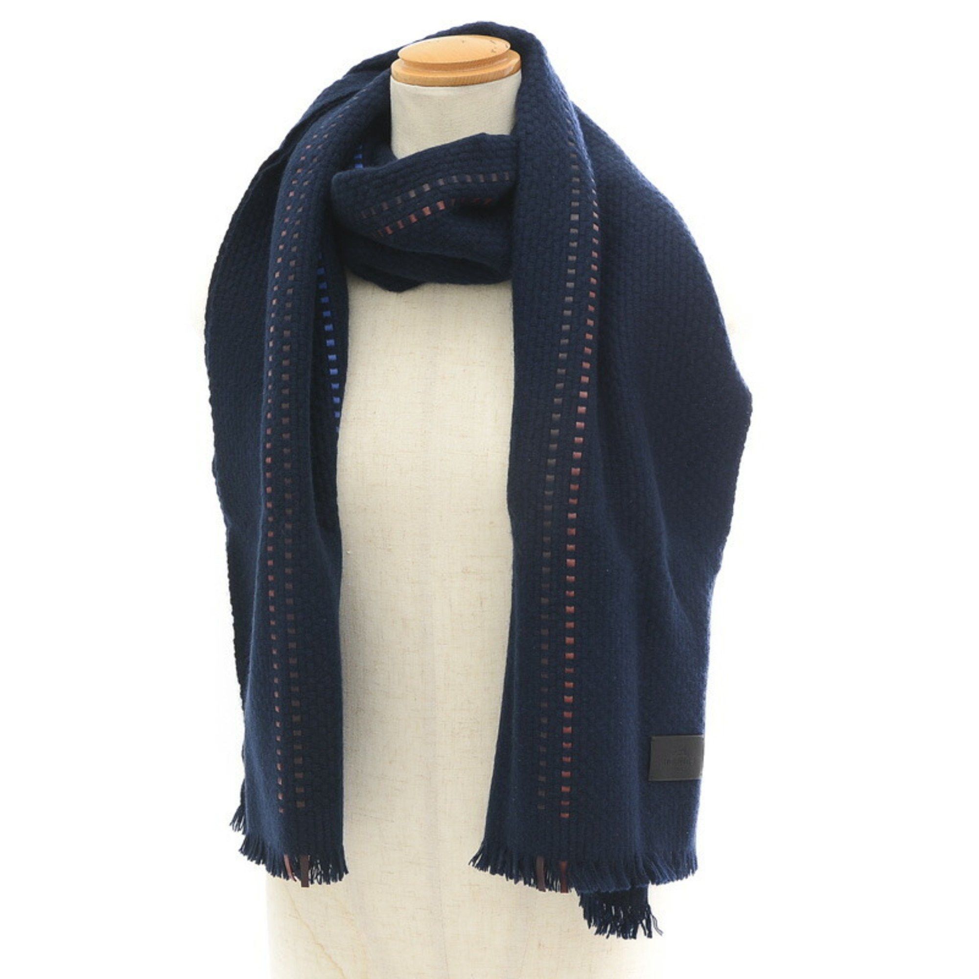 image of Hermes Cashmere Scarf Navy Leather Braided 100% 40×180, Women's