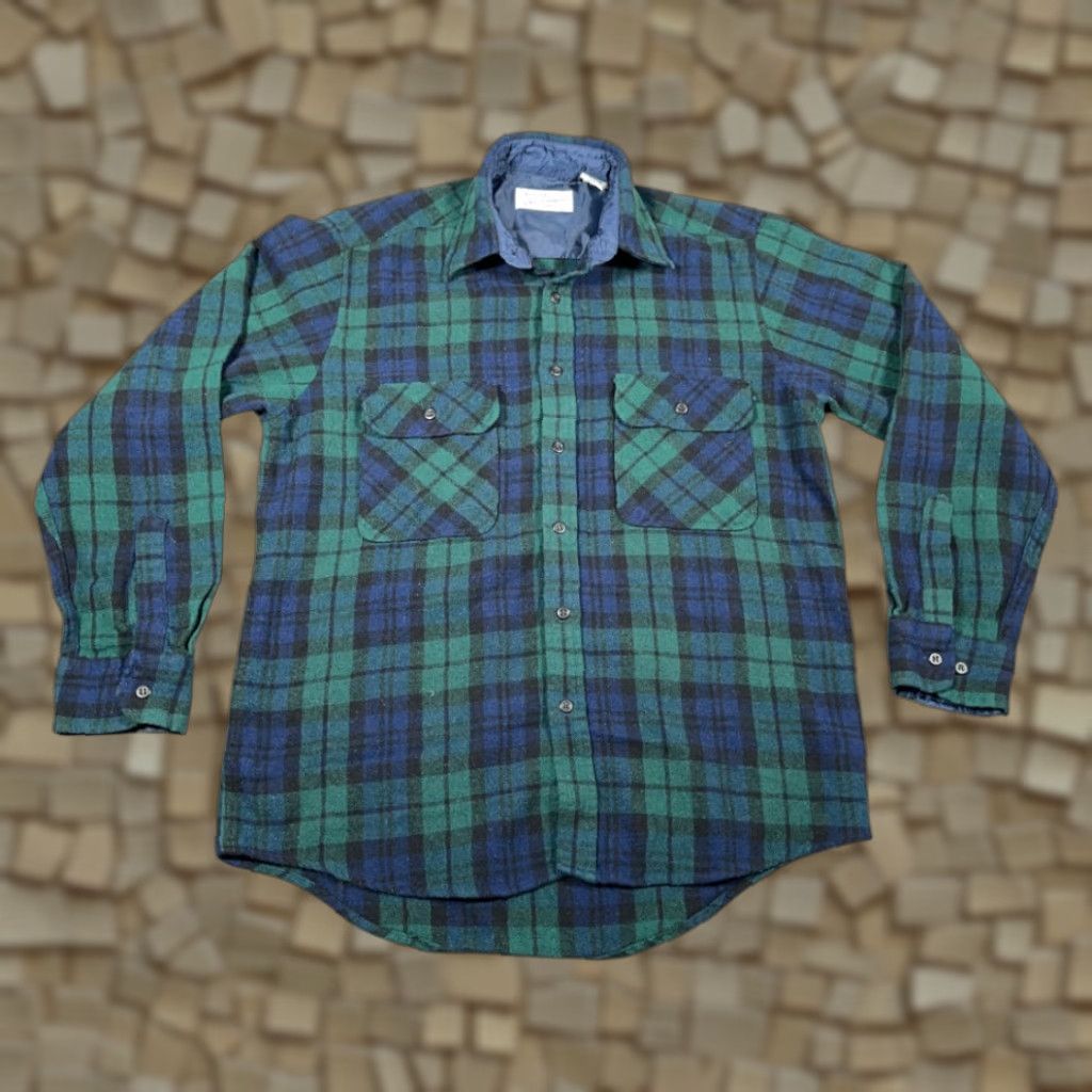 Sears VINTAGE Sears Roebuck Shirt Adult MEDIUM Blue Green Flannel Black Watch Wool 80s Size US M / EU 48-50 / 2 - 1 Thumbnail