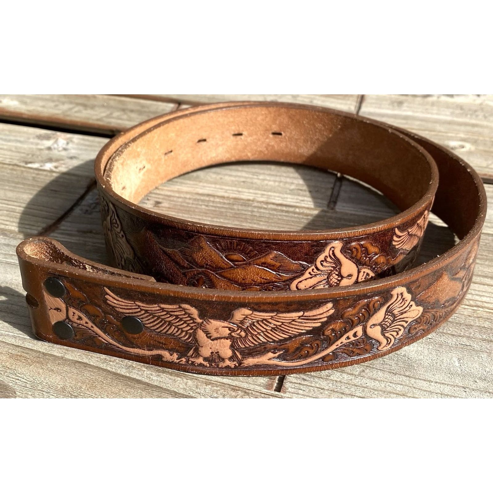 Vintage VINTAGE Eagle Tooled Leather Belt Mexico Western Biker Americana Cowboy Sz 38 40 Size 38 - 6 Thumbnail