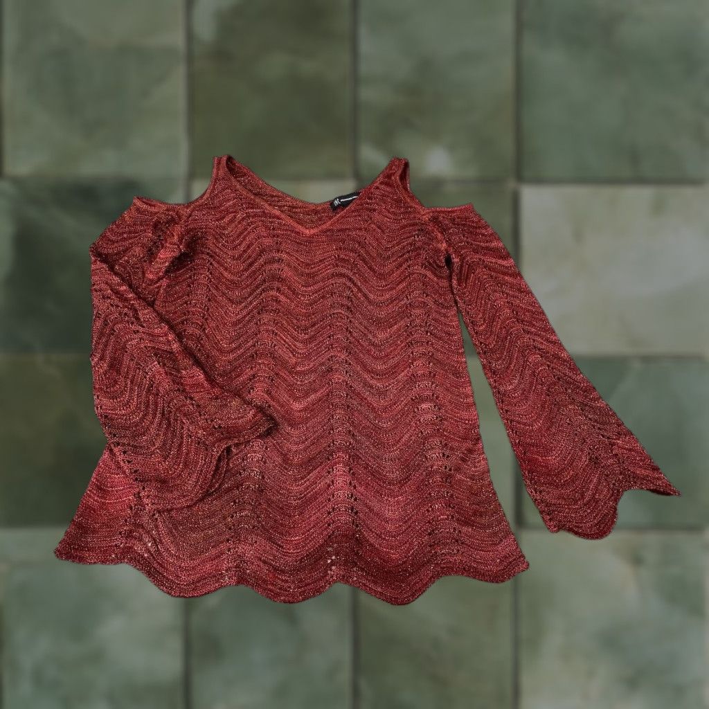Vintage INC Womens Sweater Small Extra Large Brown Cold Shoulder Wave Knit V Neck Shimmer Casual Size S / US 4 / IT 40 - 1 Thumbnail