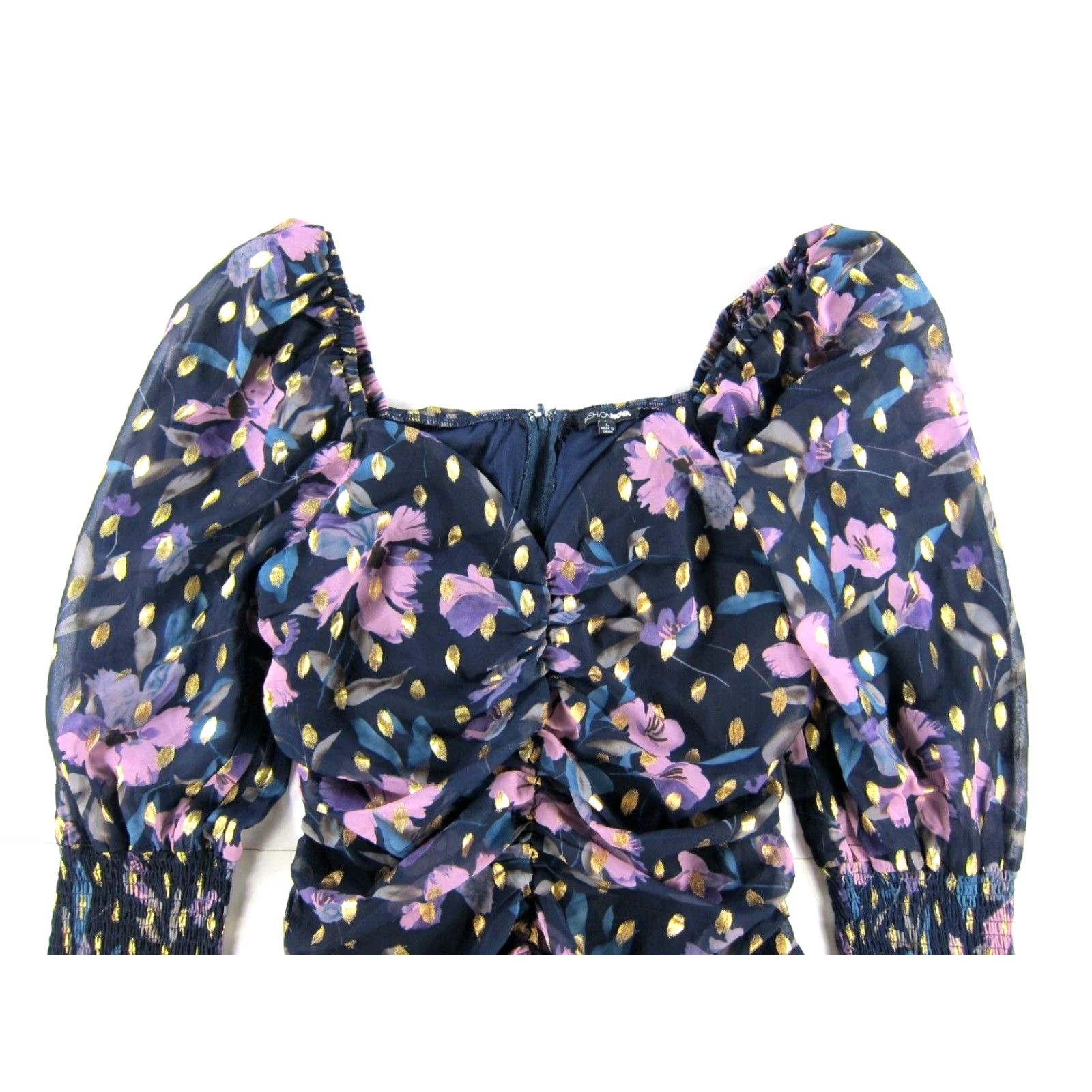 Fashion Nova Fashion Nova Blue Floral Mini Dress Long Puff Sleeve Ruched Large Women Size L / US 10 / IT 46 - 4 Thumbnail