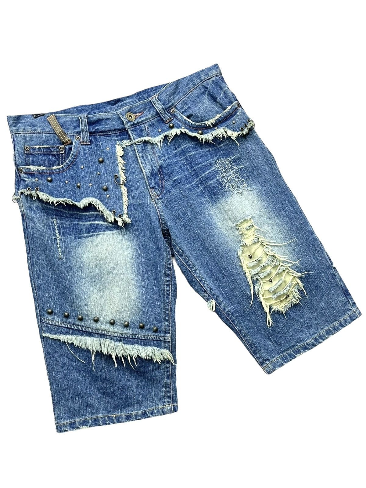 Grunt Style 🔥Grunge Studded Frayed Spliced Piercing Ripped Denim Shorts Size US 32 / EU 48 - 3 Thumbnail