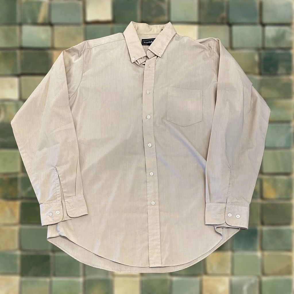 Vintage VINTAGE Princeton Hall Button-Front Dress Shirt Large L Tan Yellow 1990s Sportswear/Beach Mens Size 42R - 1 Thumbnail