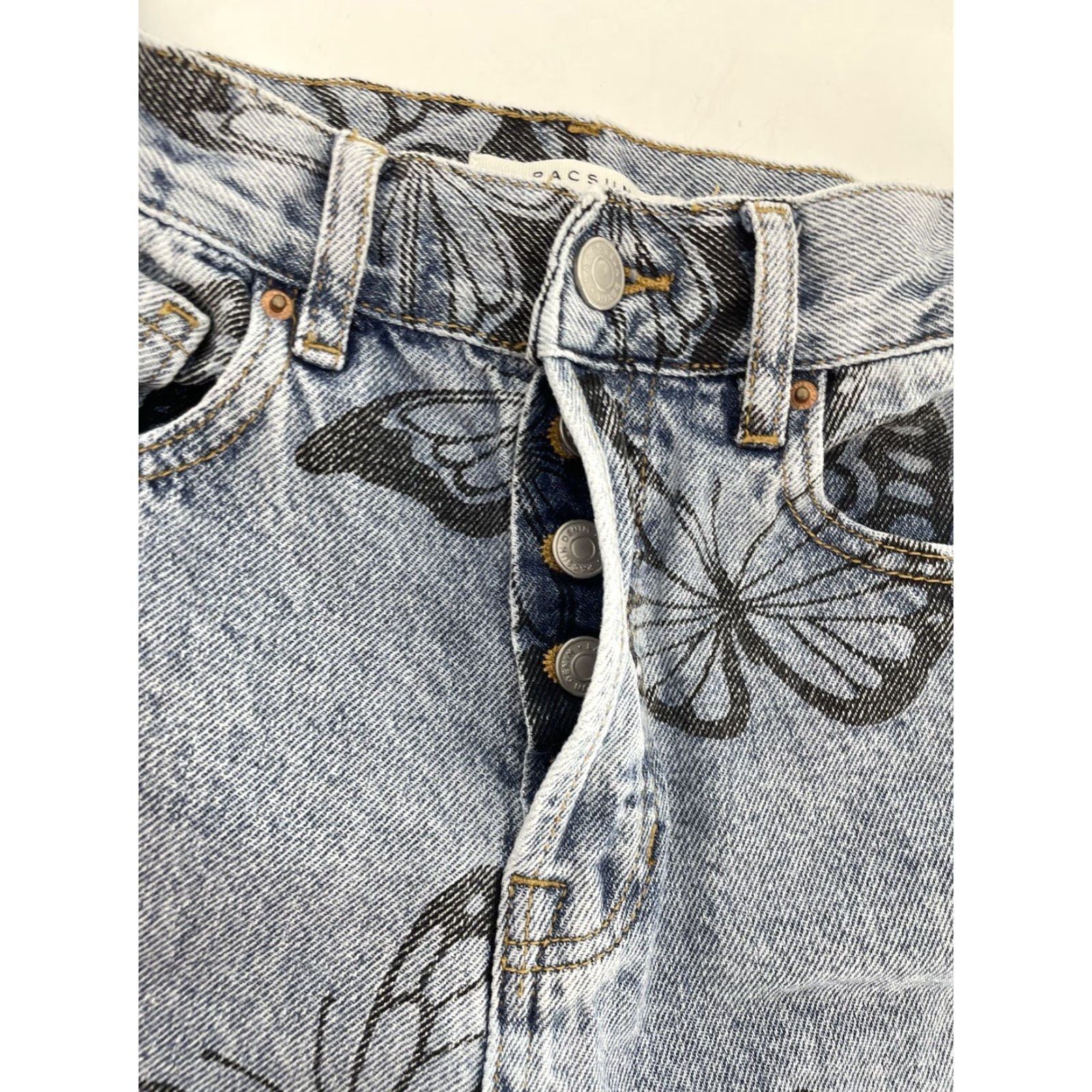 Pacsun PACSUN High Rise Straight Jeans Womens 23 Blue Fray Button Fly Butterfly Print Bohemian Hipster Bat Print 5-Pocket Denim Stone Wash Cool Casual Size 40" / US 18 - 5 Thumbnail