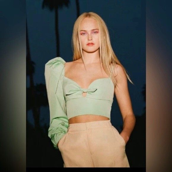 Zara Zara Mint Green Puff Sleeve One Shoulder Crop Top Size S / US 4 / IT 40 - 12 Thumbnail