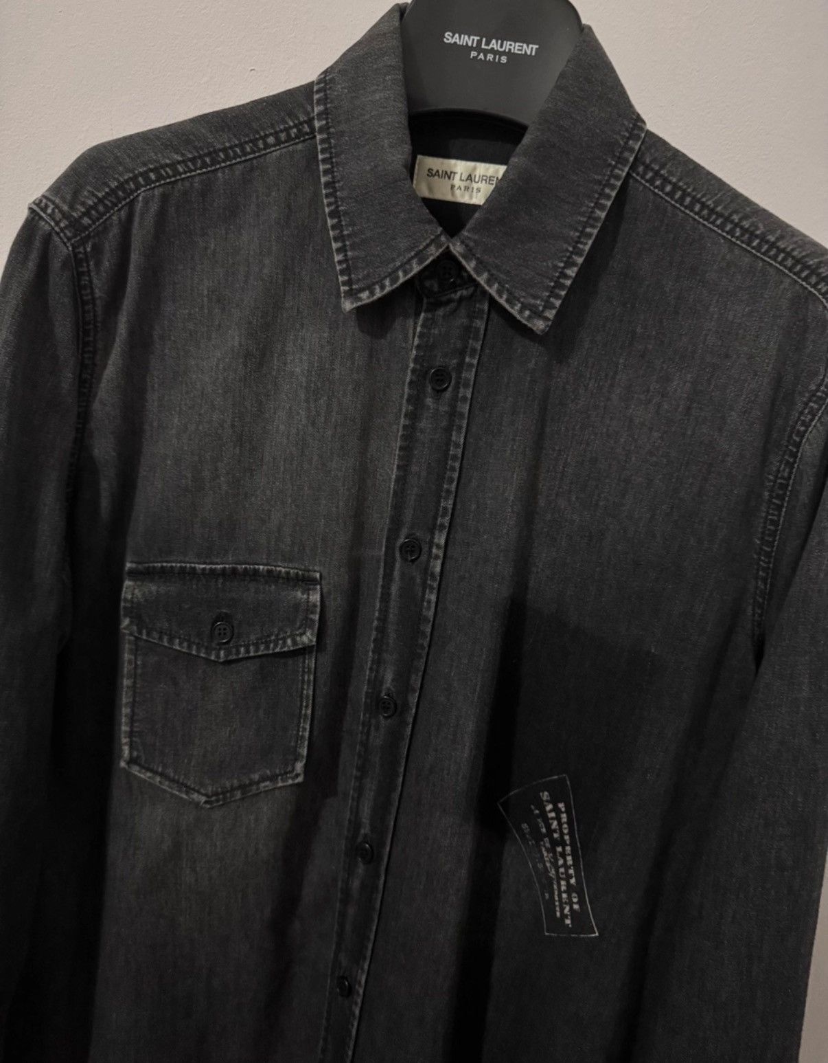 Saint Laurent Paris SLP 18SS Gray Distressed Single-Pocket Frayed Hem Shirt Size US S / EU 44-46 / 1 - 3 Thumbnail