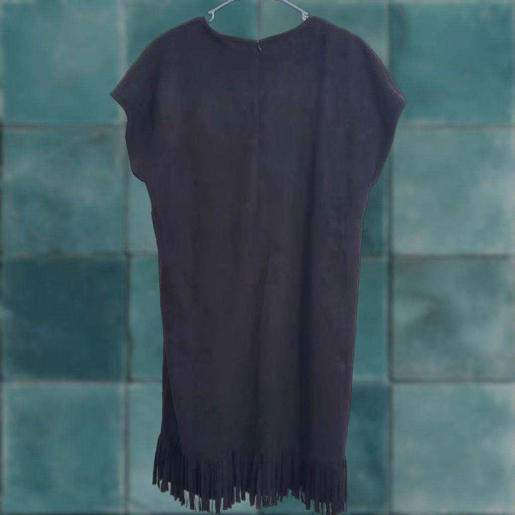 Vintage Chico's Dress Black Faux Suede Fringe Western Boho Shift Knee Length Short Sleeve Hidden Back Zip Womens Size 10 Size 32" / US 10 / IT 46 - 1 Thumbnail
