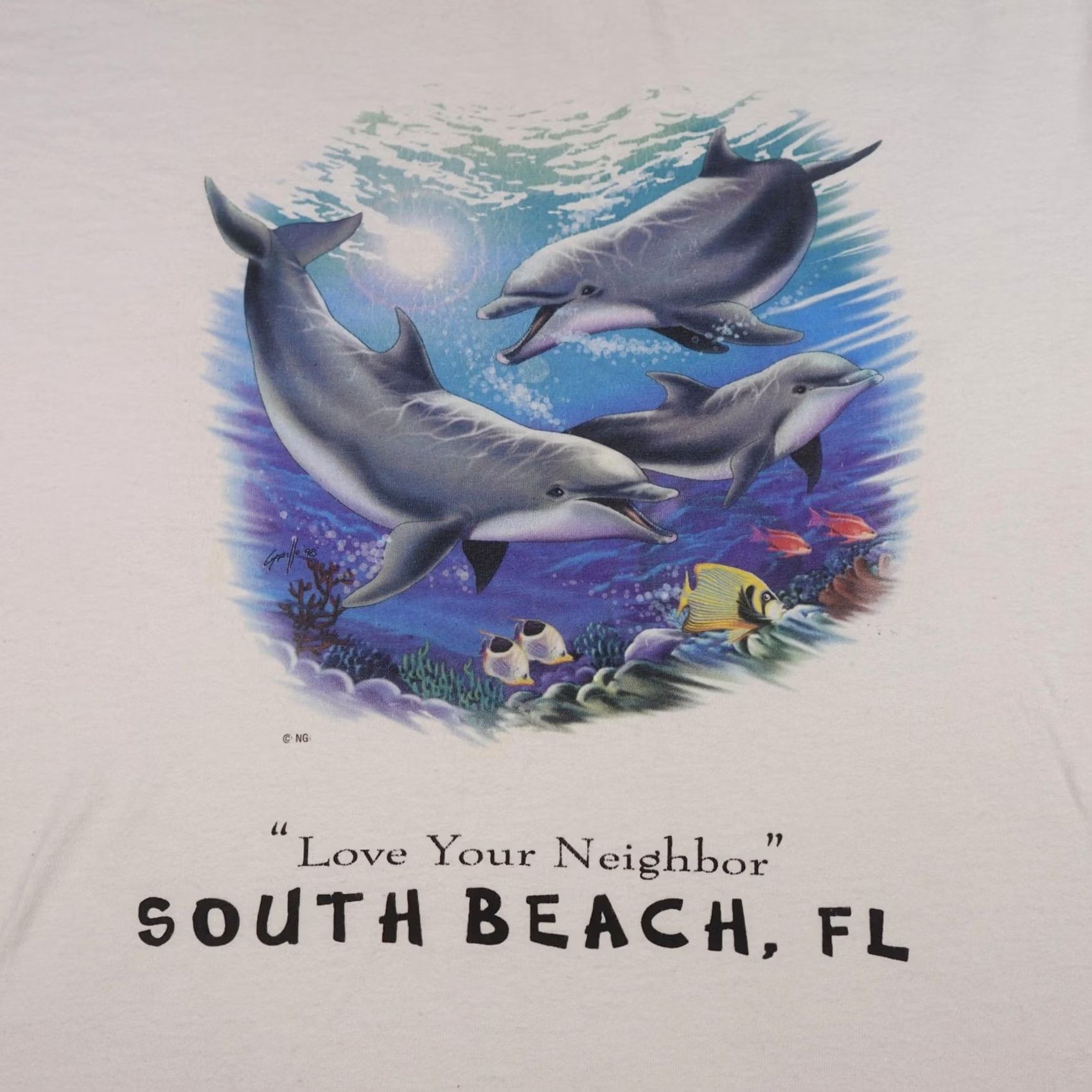 Hanes VINTAGE Hanes South Beach FL Shirt Mens Large White Dolphins Tee Ocean Graphic 90s Size US L / EU 52-54 / 3 - 3 Thumbnail