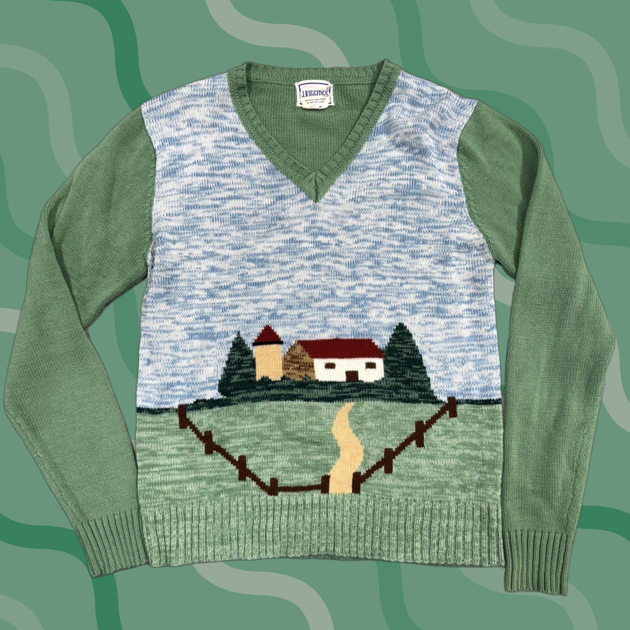 Vintage Vintage J Riggins Sweater Mens Large Green V Neck Landscape Intarsia Graphic Print 80s Size US L / EU 52-54 / 3 - 1 Thumbnail