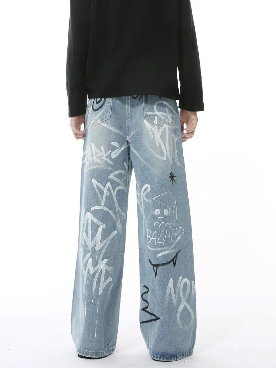 Japanese Brand Retro loose wide leg graffiti jeans Size US 32 / EU 48 - 3 Thumbnail