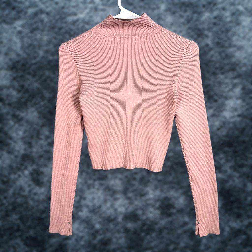 Vintage Calvin Klein Jeans Womens XS Pink Ribbed Mock Neck Top Blouse Long Sleeve Pullover Mock Neck Shirt Size XS / US 0-2 / IT 36-38 - 1 Thumbnail