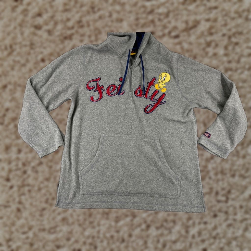 Vintage Tweety Bird Sweater Womens Hoodie 1X Gray Embroidered Feisty Polyester Fleece Size XL / US 12-14 / IT 48-50 - 1 Thumbnail