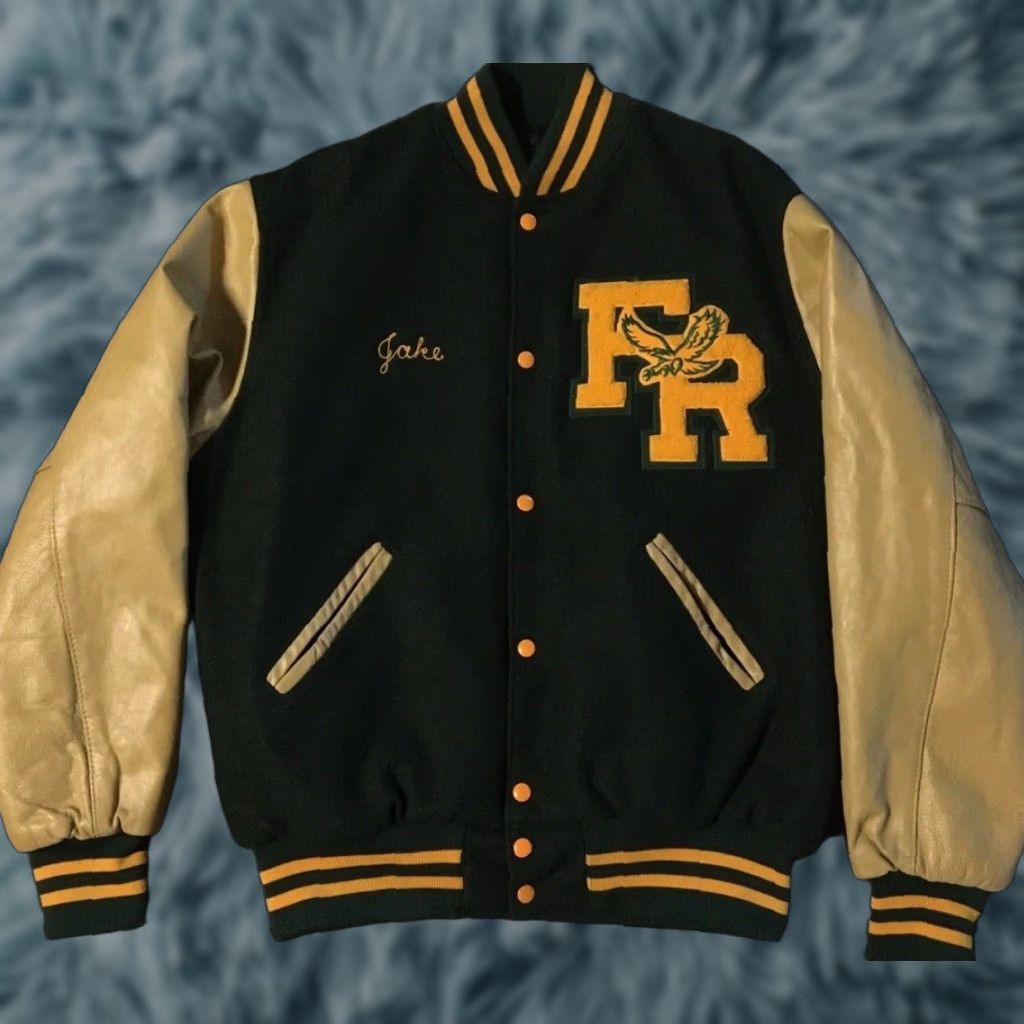 Vintage VINTAGE 90s Varsity Letterman Band Jacket L USA School Track Football PE Grunge 80s Green Wool Chain Stitch Men Jacket Size US L / EU 52-54 / 3 - 1 Thumbnail