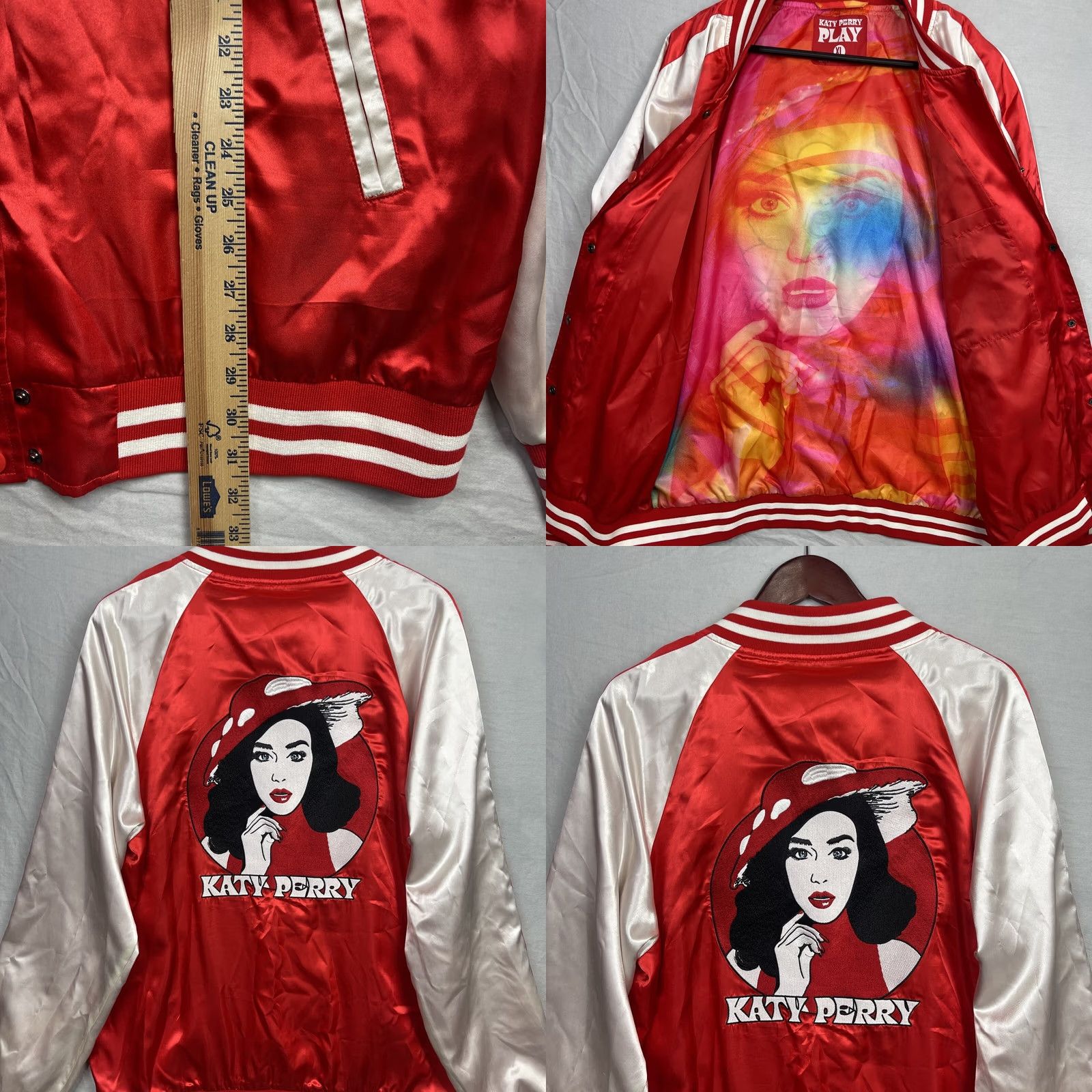 Sperry Katy Perry Bomber Jacket Mens XL Red White Satin Play Las Vegas Embroidery Snap Size US XL / EU 56 / 4 - 8 Thumbnail