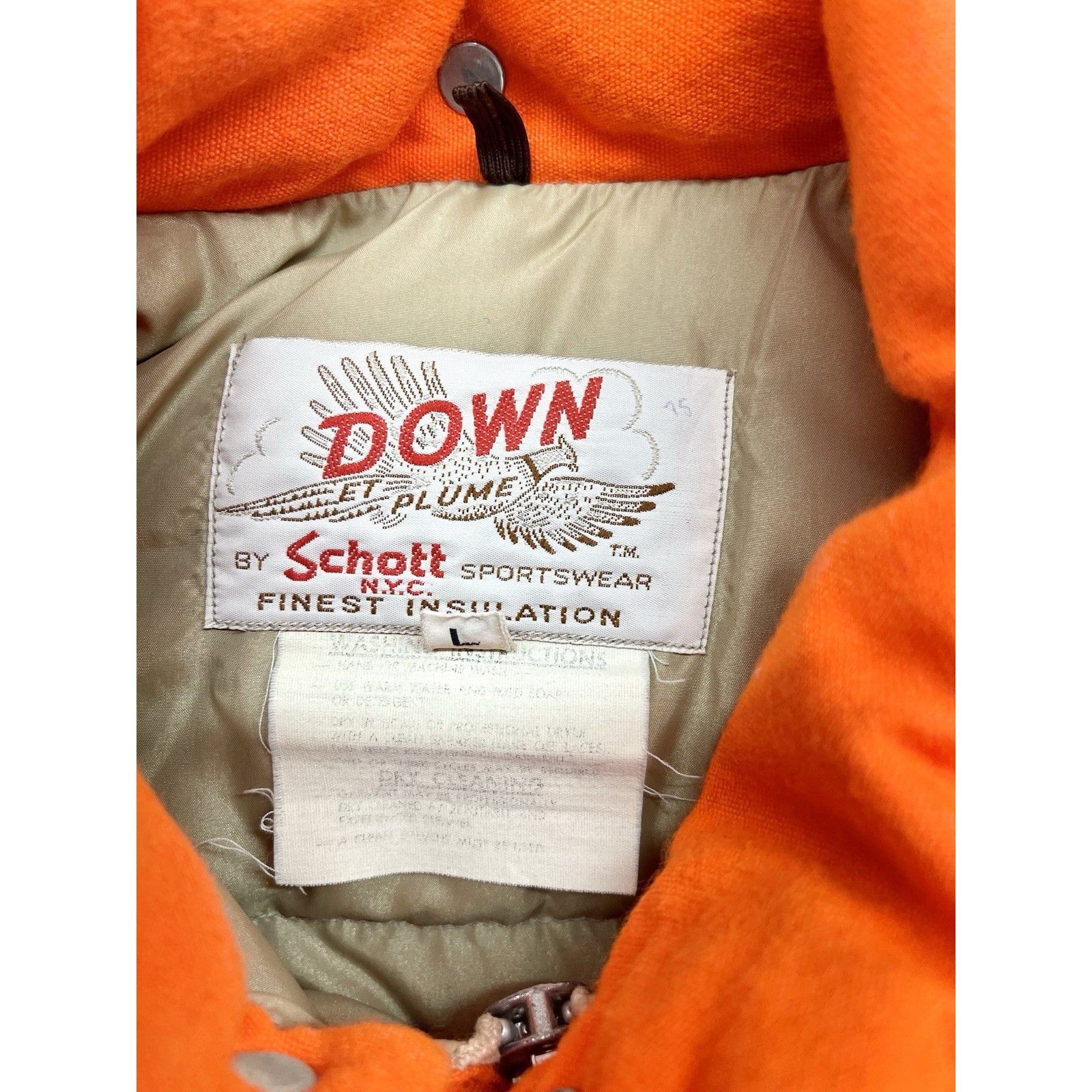 Vtg 70s Schott NYC Down Et Plume Puffer Jacket Orange Goose