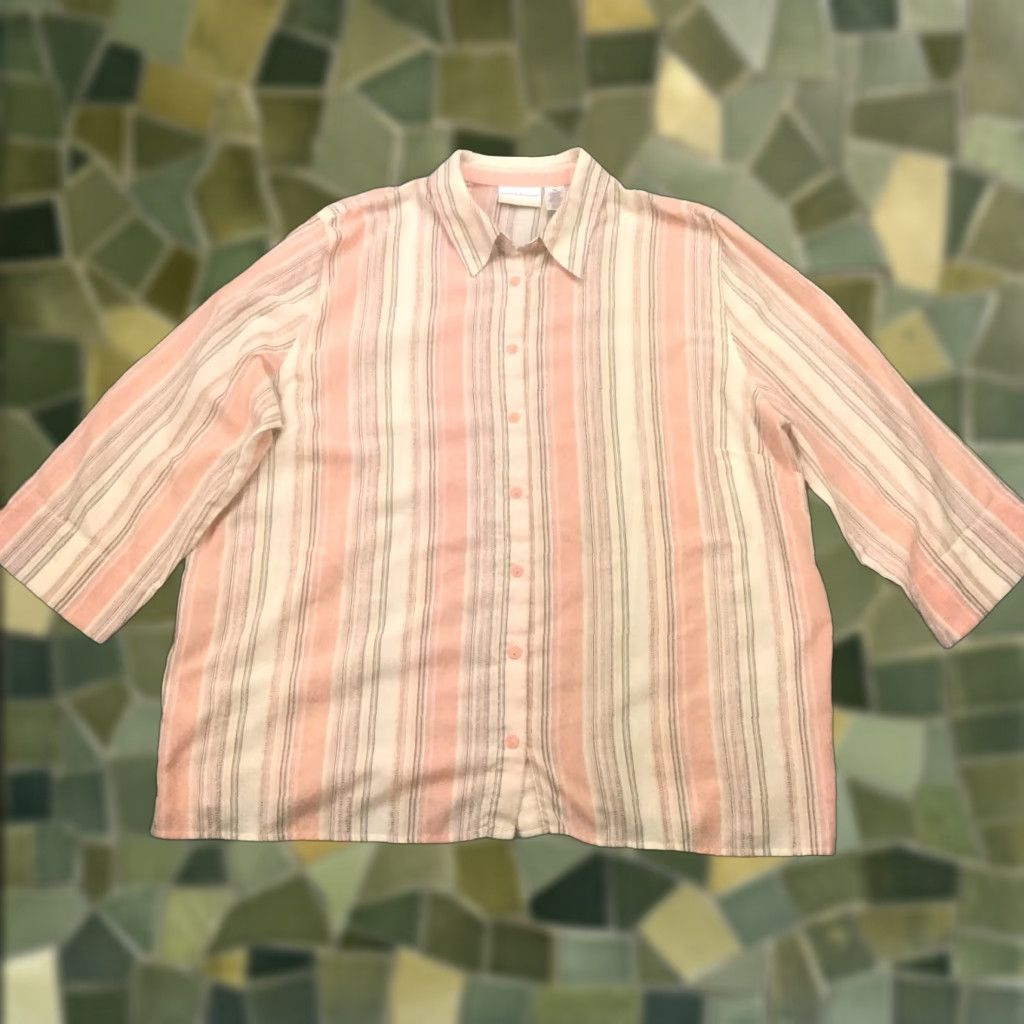 Vintage Alfred Dunner Womens Striped Button-Up Top 22W Beige & Metallic | Cotton Polyester Blend | 3/4 Sleeve | Collared | Plus Size | Shirt - Womens Size 3XL / US 20-22 - 1 Thumbnail