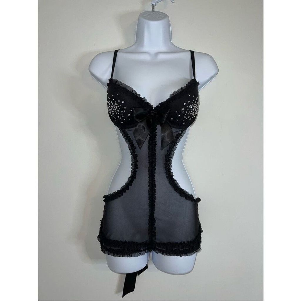 Victoria's Secret Victorias Secret Black w/ Rhinestones 34C Babydoll Gown Size ONE SIZE - 1 Thumbnail