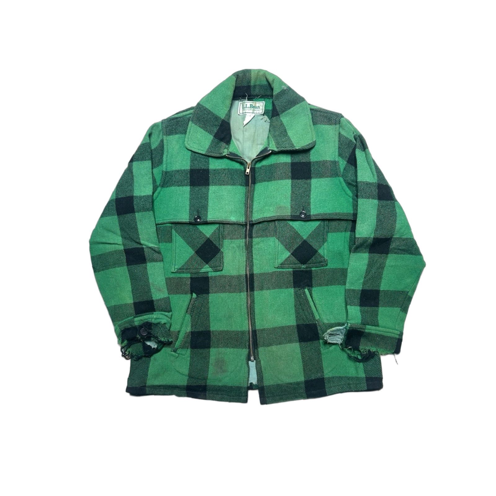 Vintage VINTAGE LL Bean Wool Cruiser Jacket Green Buffalo Plaid Distressed Cape Lg Mens 80s Hunting Jacket Size US L / EU 52-54 / 3 - 1 Thumbnail