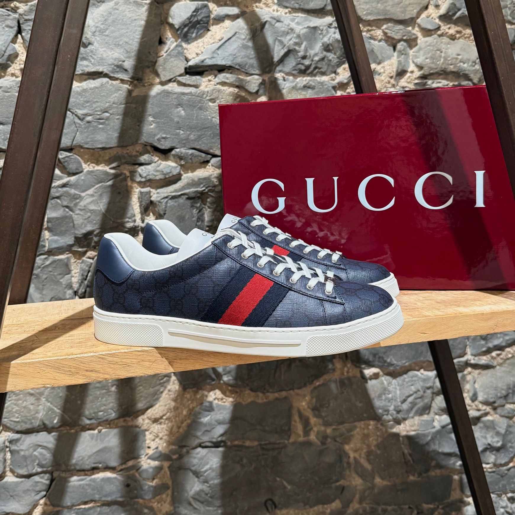 Gucci GG Supreme Web Dark Blue New Ace Sneakers display picture 3