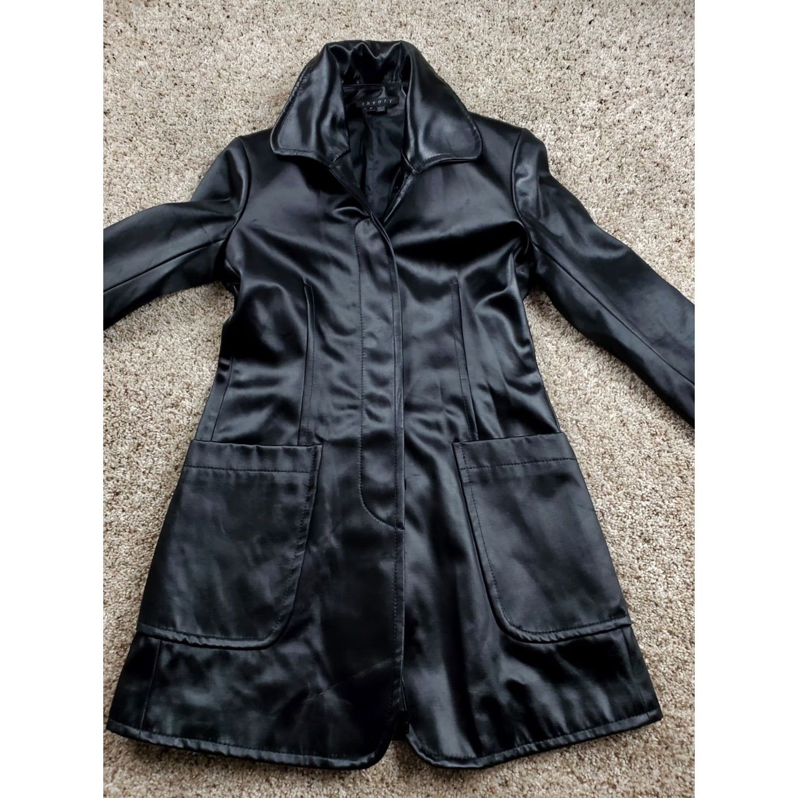 Theory Theory Panyia Trench Coat Jacket Womens P Black Satin Velvet Pockets Button Up Size S / US 4 / IT 40 - 4 Thumbnail