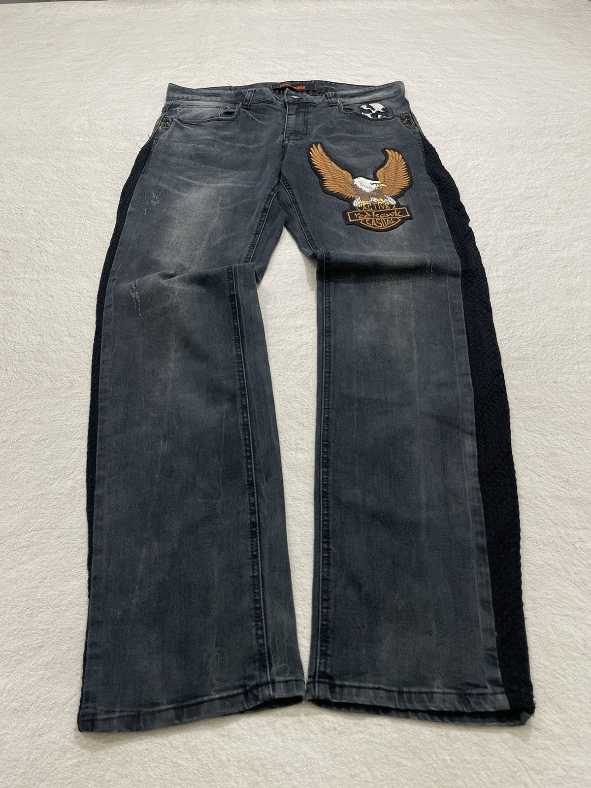 Japanese Brand 00s Jambangee Studed Denim Embroidered Skull Wash Jeans Y2K Size US 35 - 1 Thumbnail
