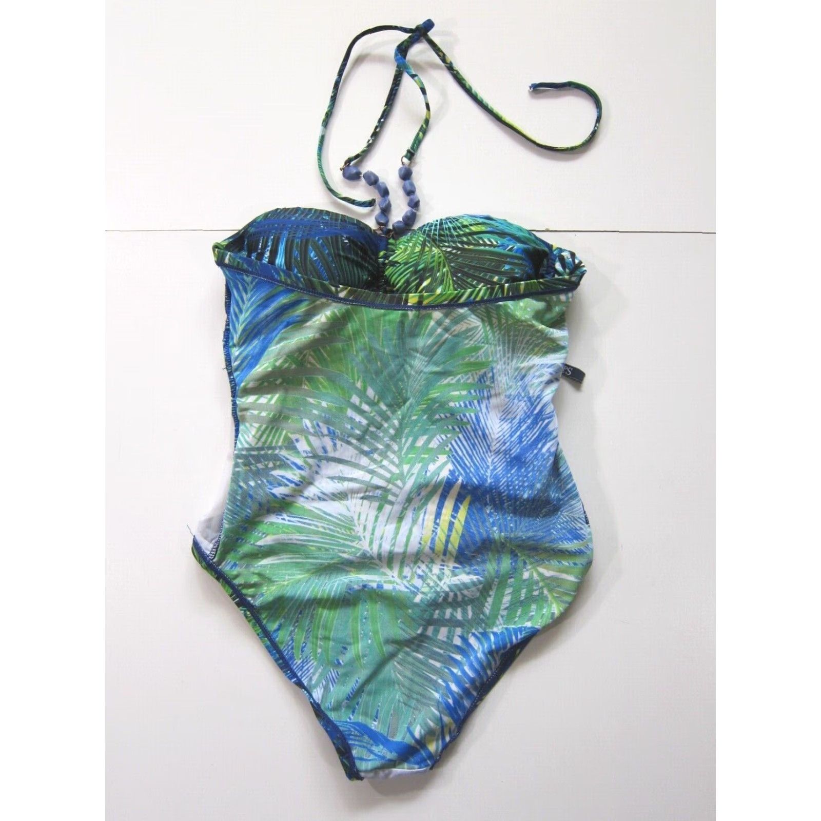 Chaps Chaps Ralph Lauren Green Blue Floral Beaded Halter One Piece Swimsuit Women 8/L Size ONE SIZE - 7 Thumbnail