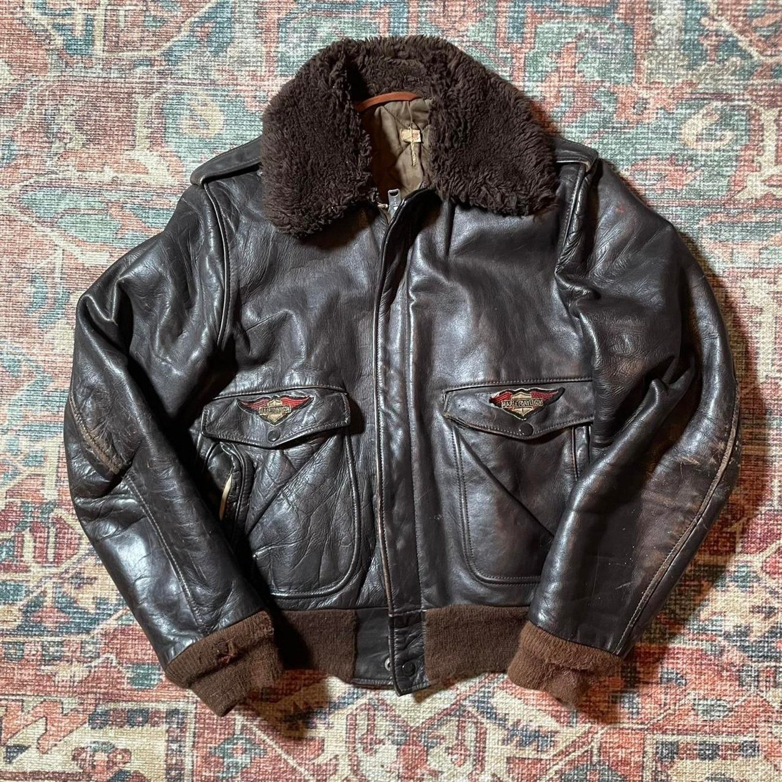 Vintage 70s Harley Davidson Leather Bomber Fur Collar