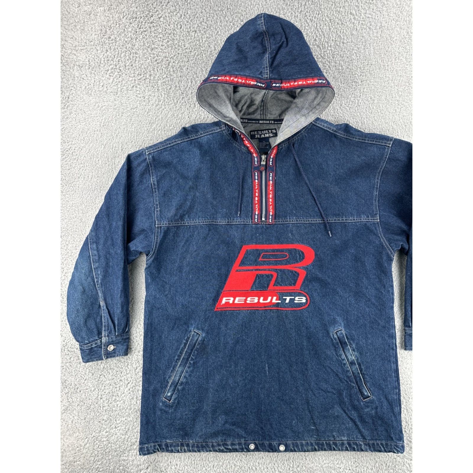 Vintage VINTAGE Results Jeans XL Embroidered Blue Denim Hooded 1/4 Zip Anorak Jacket 90s Mens Size US 36 / EU 52 - 3 Thumbnail