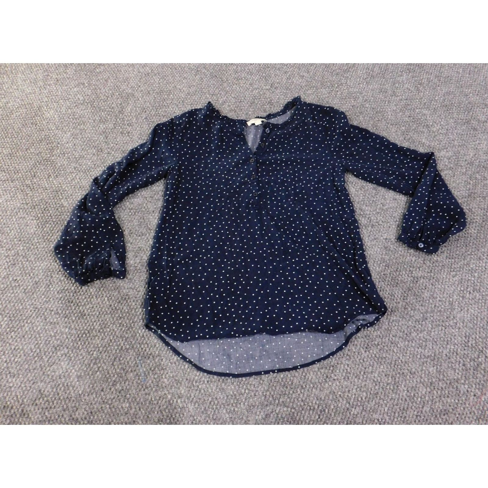 Loft LOFT Blouse Womens XS Blue Polka Dot 100% Cotton Henley Long Sleeve Basic Top Size XS / US 0-2 / IT 36-38 - 2 Thumbnail