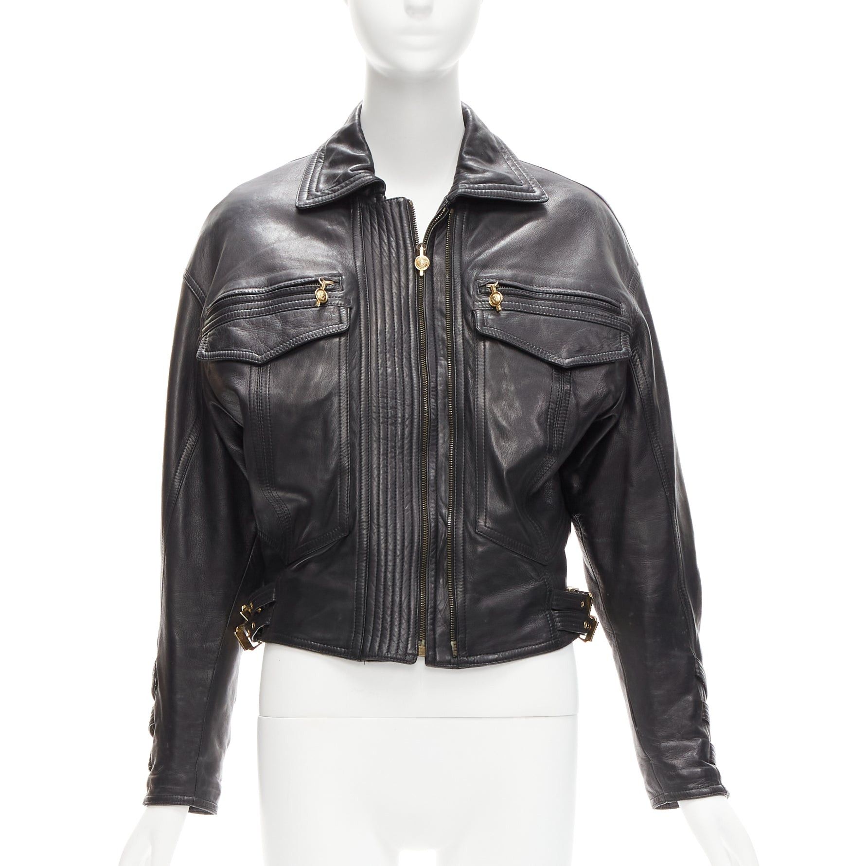 Versace GIANNI VERSACE 1992 S&M black leather gold bondage buckle bomber IT38 XS Size XS / US 0-2 / IT 36-38 - 1 Thumbnail