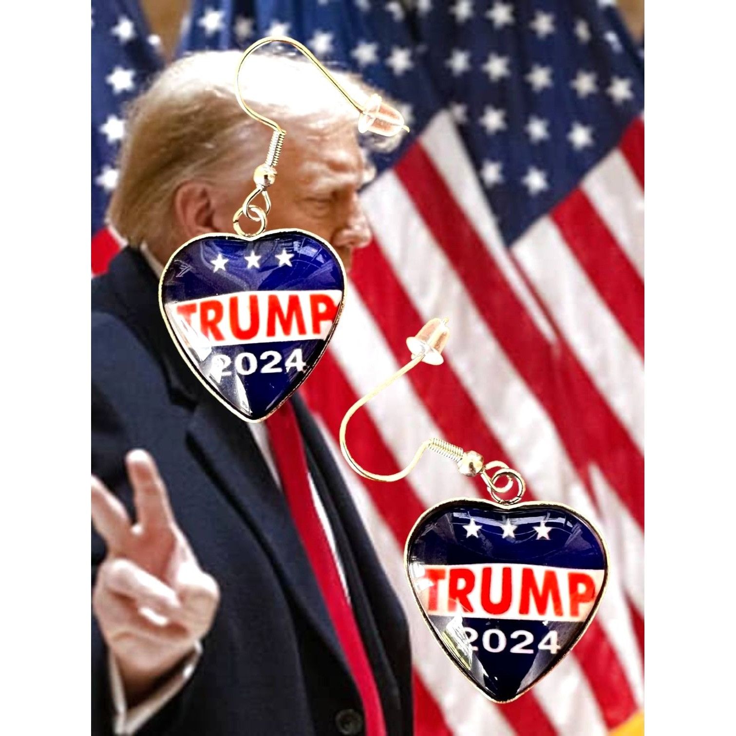 Handmade Trump 2024 MAGA Earrings Patriotic New Heart Shaped Dangle H Size ONE SIZE - 1 Thumbnail