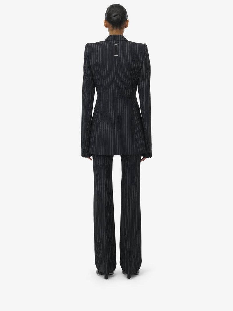 Alexander McQueen o1srvl11e0226 Pinstripe Stacked Shoulder Jacket Black/White Size XL / US 12-14 / IT 48-50 - 5 Thumbnail