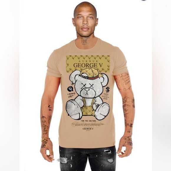 George V Black Beige Designer Men’s Rhinestone Tee Shirt