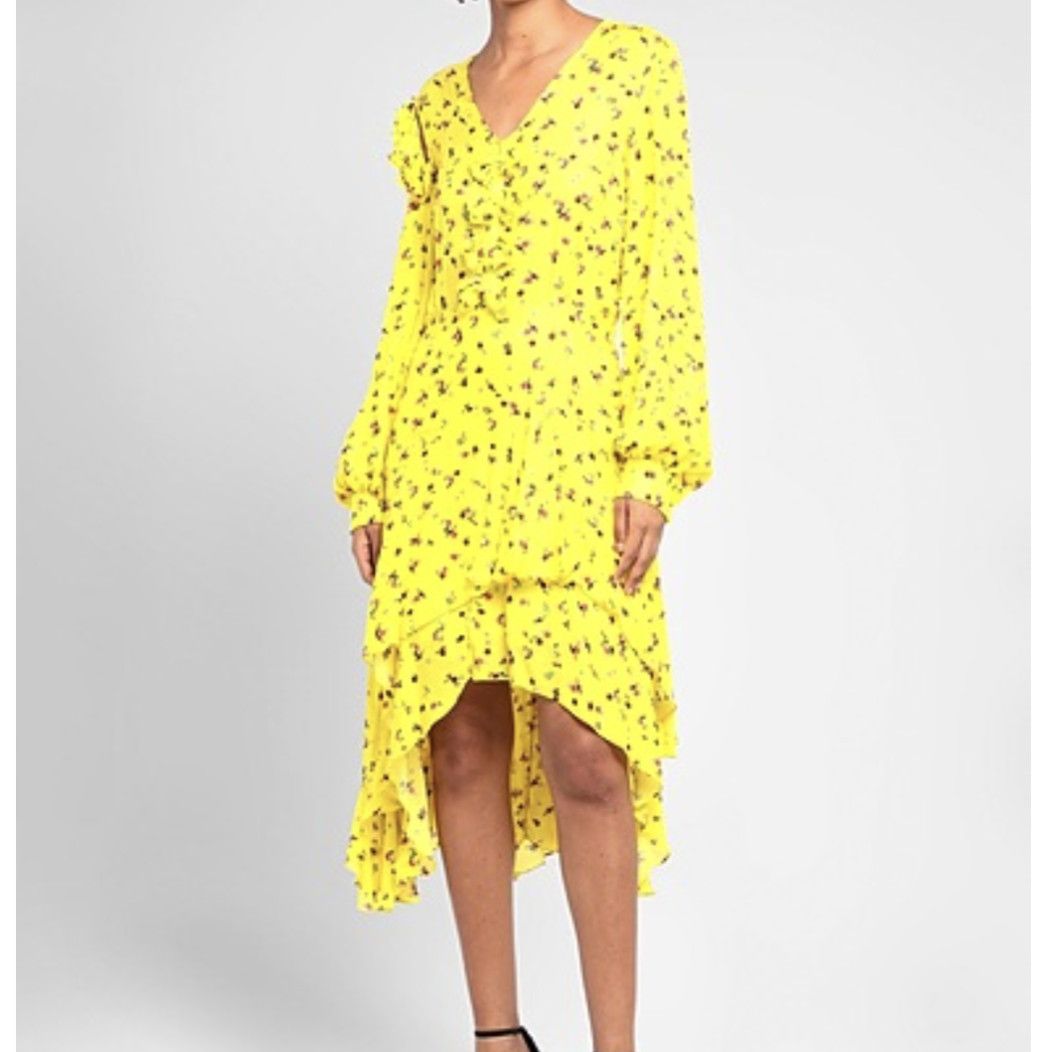 image of Preen By Thornton Bregrazzi Preen By Thornton Bregazzi Floral Print Ruffle Hem Dress in Yellow, Wom