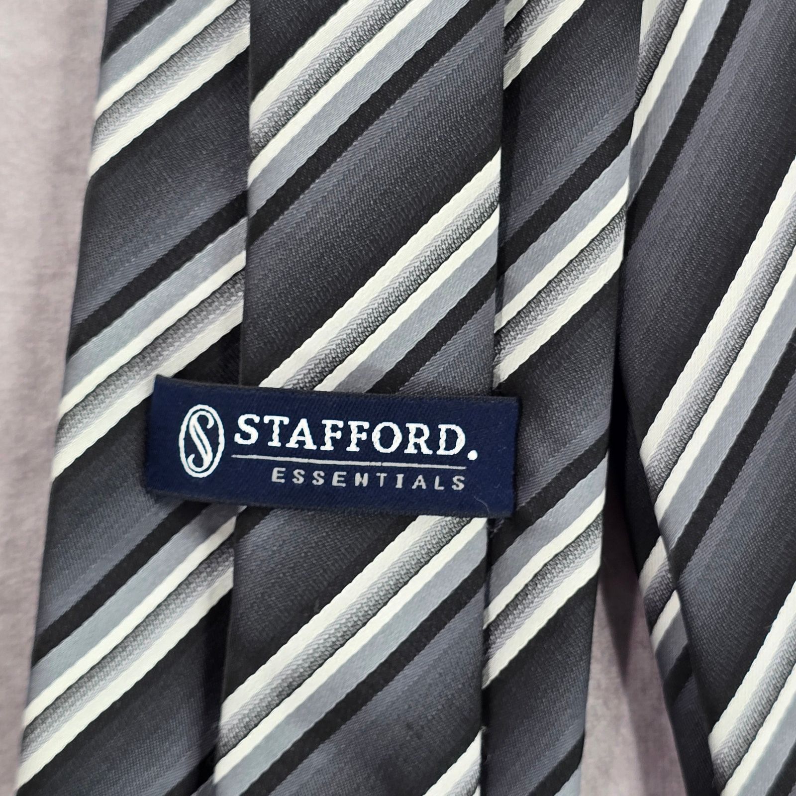 Stafford Stafford Essentials Black Gray Stripe Polyester Neck Tie Size 30 - 4 Thumbnail