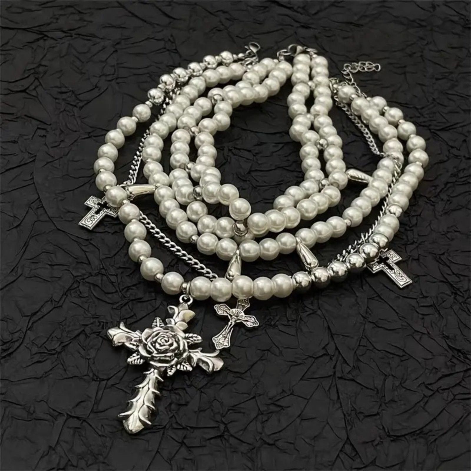 Other Gothic Goth Punk Pearl Multi-Layer Cross Choker Necklace Size ONE SIZE - 4 Thumbnail