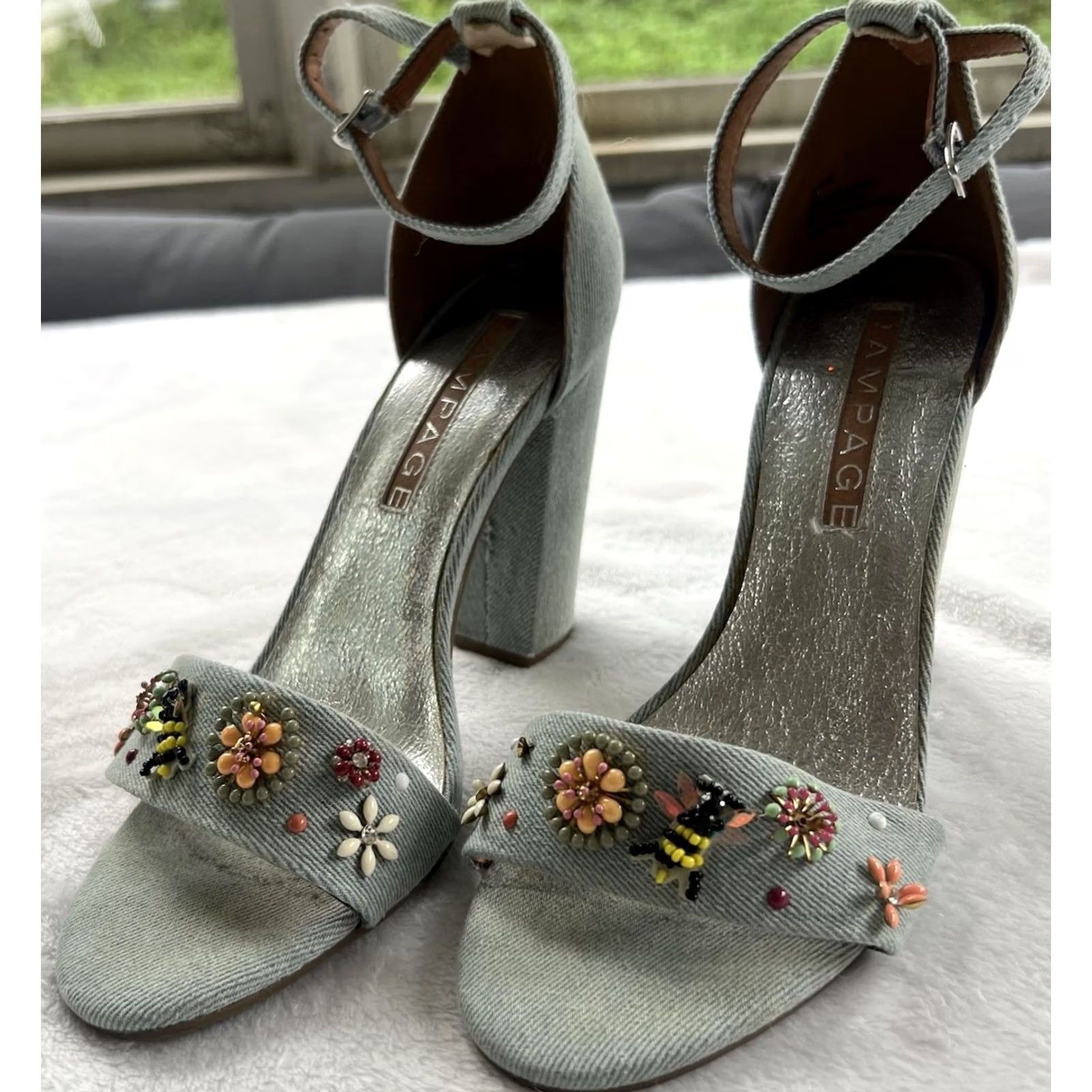 Vintage Rampage Skye Denim Bee Flower Embellished Ankle Strap Sandal Heels Size 8.5 Women Blue Strappy Heel Flower Beaded Studded Mid 2-2.9in Size US 9 / IT 39 - 2 Thumbnail