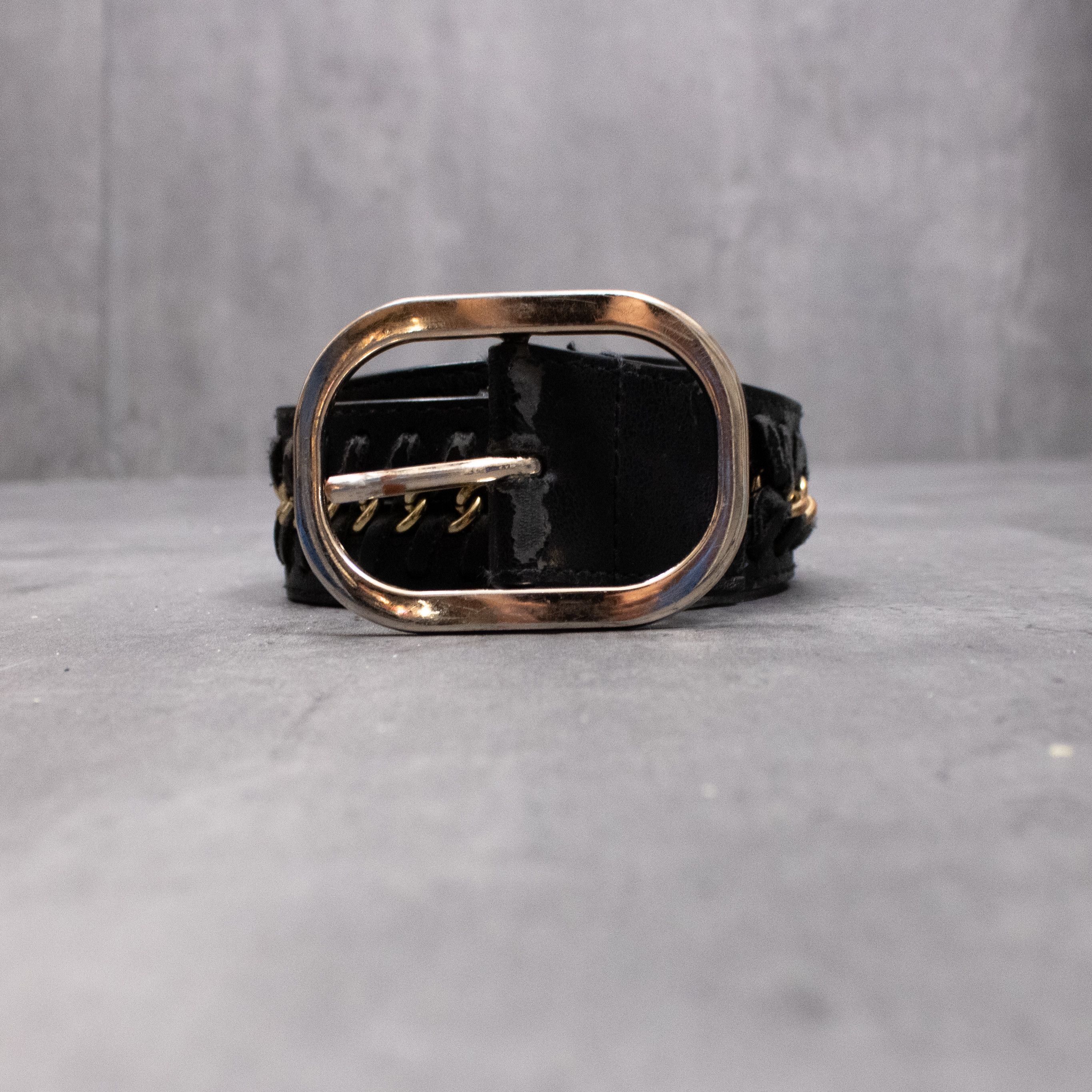 Japanese Brand Y2K 2000's 00's Woven Gold Chain Faux Leather Black Belt Size 34 - 2 Thumbnail