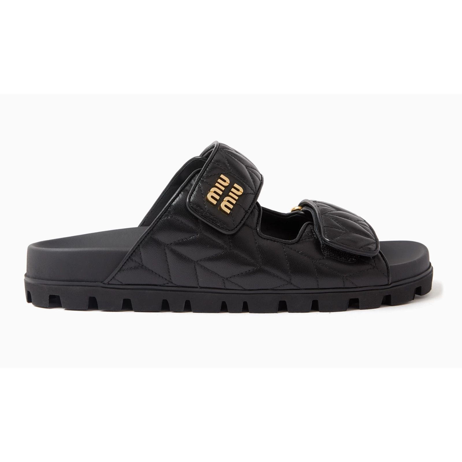 Miu Miu Miu Miu Matelasse Black Gold Logo Flat Slide Sandal 39 Size US 9 / IT 39 - 1 Thumbnail