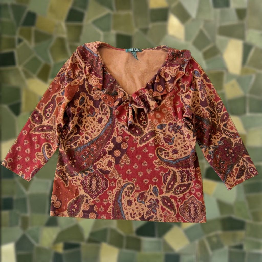 Ralph Lauren VINTAGE Ralph Lauren Red Floral Cotton Stretch Ruffle Neck 3/4 Sleeve Blouse XL Size XL / US 12-14 / IT 48-50 - 1 Thumbnail