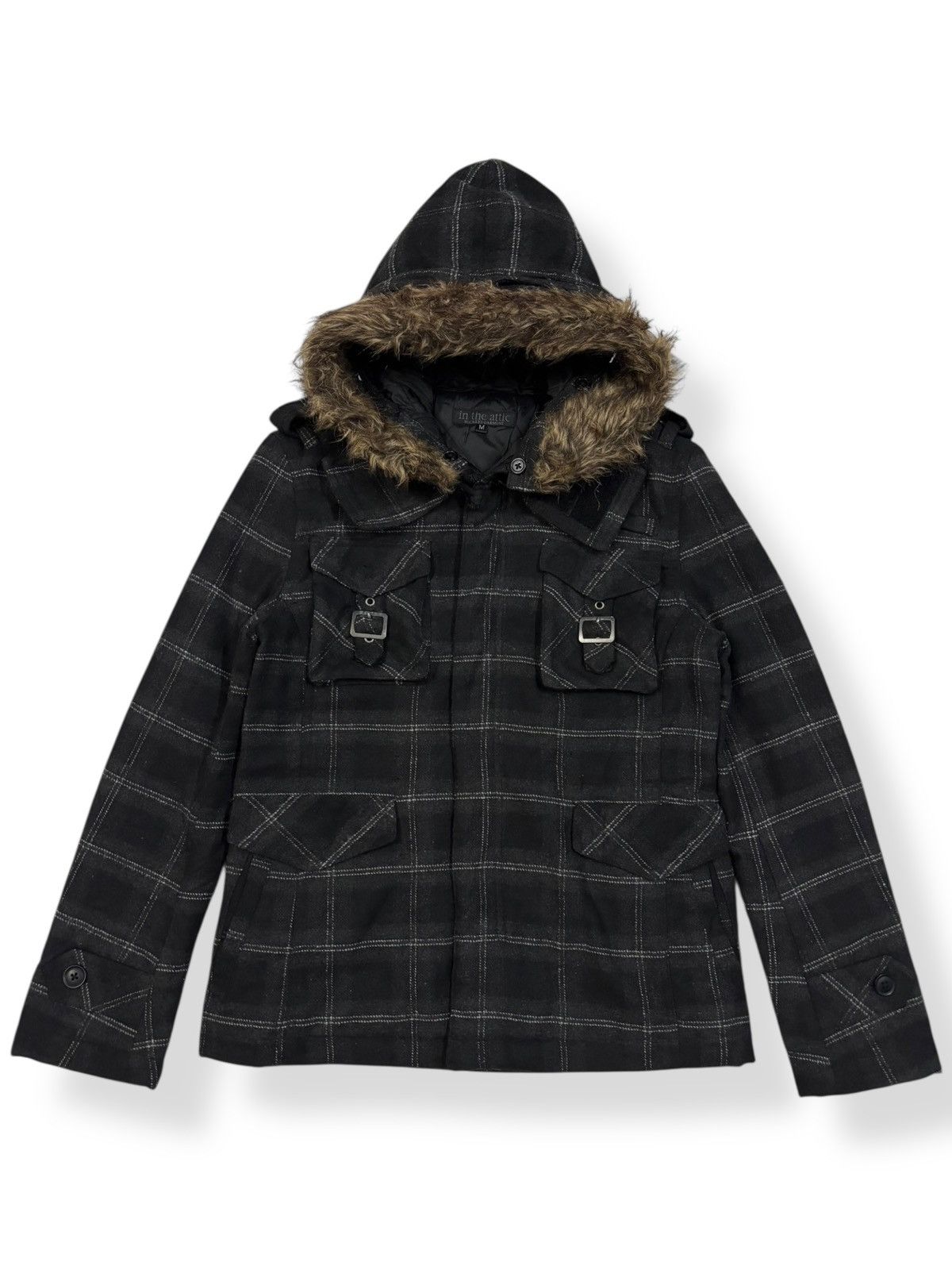 If Six Was Nine In The Attic Plaid Multi-pockets Faux Fur Hooded Punk Jacket Size US S / EU 44-46 / 1 - 1 Thumbnail