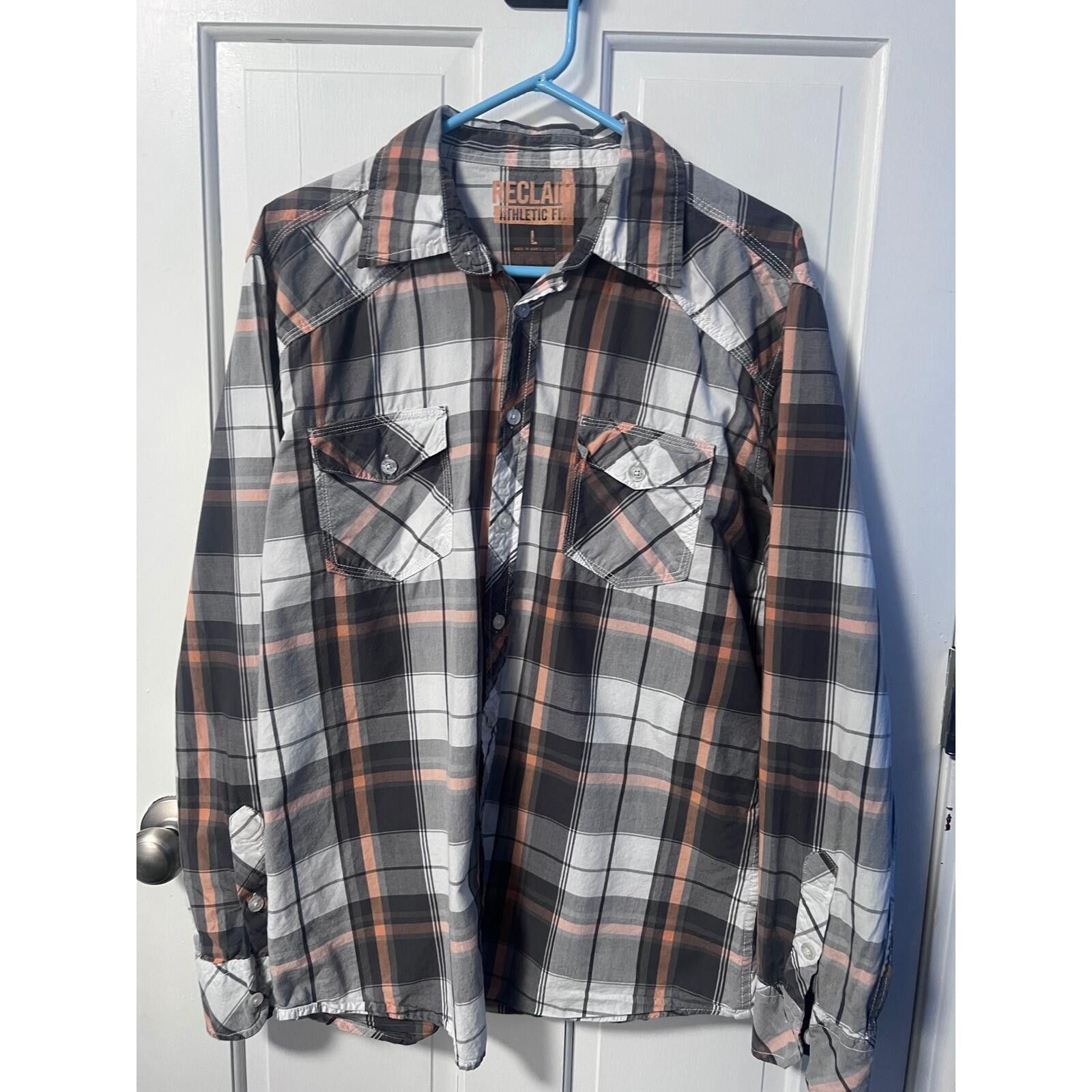 Other Reclaim Plaid Button Down Mens L Grey Orange Athletic Fit Size US L / EU 52-54 / 3 - 2 Thumbnail
