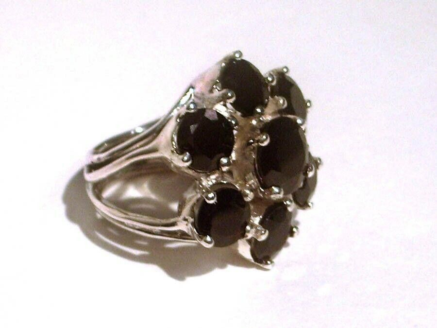 Designer Sterling Silver Flower Cocktail Ring with Faceted Black Onyx Size ONE SIZE - 2 Thumbnail