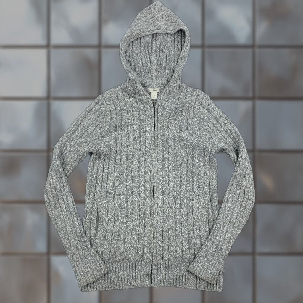 Vintage L.L.Bean Women's S 100% Cotton Cable Knit Full Zip Hooded Sweater Heather Gray Size S Regular Knit Style Full Zip Casual Size S / US 4 / IT 40 - 1 Thumbnail