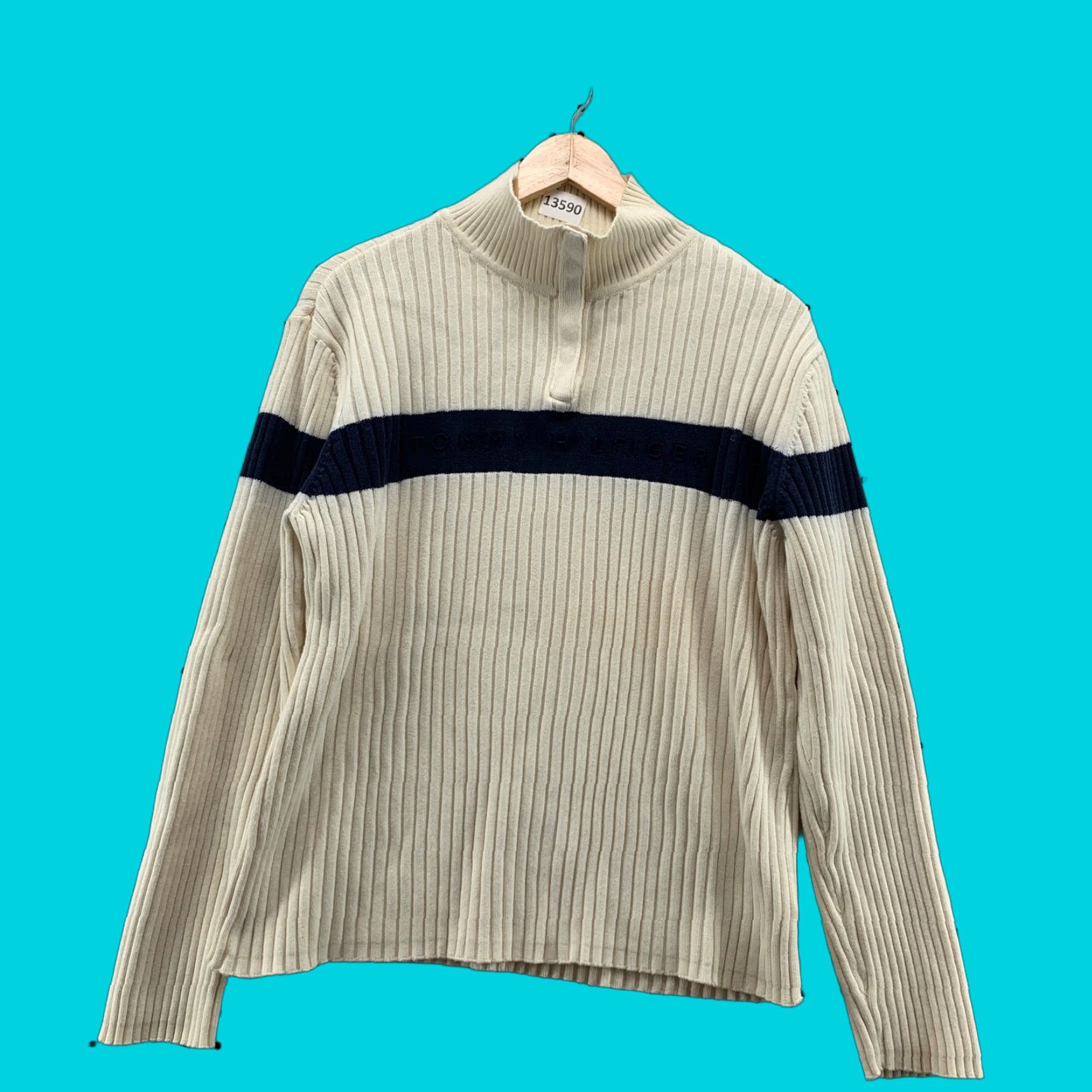 Tommy Hilfiger Tommy Hilfiger Ribbed Knit 1/4 Snap Sweater Striped Beige Blue Womens 2XL Mock Neck 90s Pullover Size XXL / US 16-18 / IT 52-54 - 1 Thumbnail