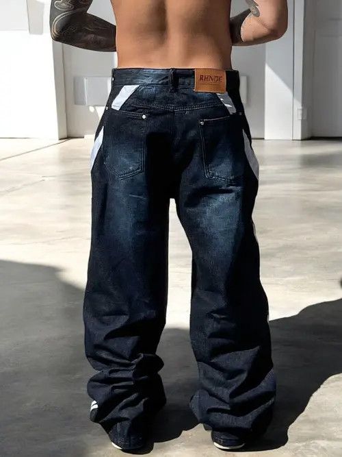 Jean Blue Wide Leg Stripe Patchwork Denim Jeans, Oversized Jeans Size US 30 / EU 46 - 8 Thumbnail