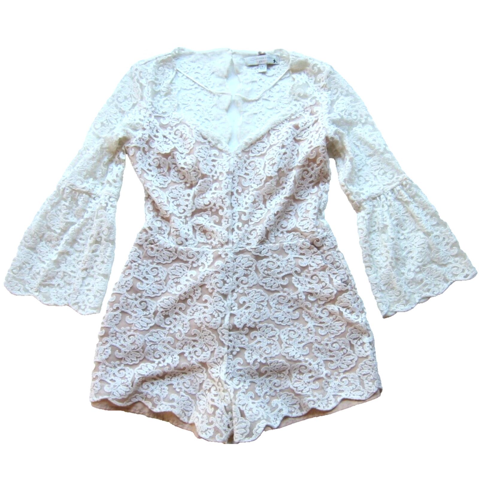 Vintage Lauren Conrad Runway Romper Ivory Floral Lace Long Sleeve Pocket Shorts 6 Size M / US 6-8 / IT 42-44 - 2 Thumbnail