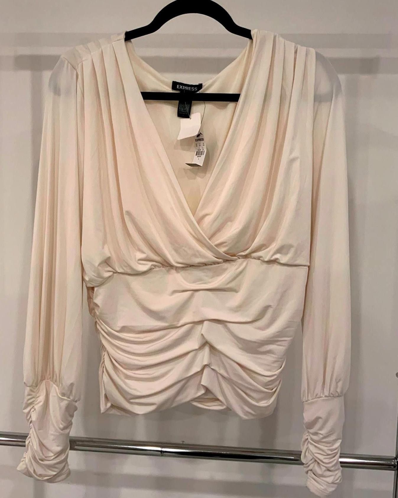Express Stylish Express Ruched Long Sleeve Top - Cream, Size L Size L / US 10 / IT 46 - 1 Thumbnail