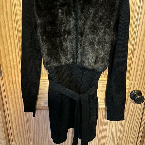 Elie Tahari T Tahari faux fur belted cardigan black wool blend large Size L / US 10 / IT 46 - 10 Thumbnail